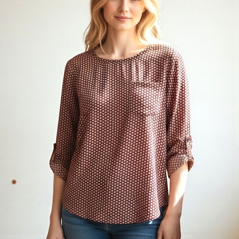 VANHEUSEN Womens Geometric Print Roll Tab‎ Sleeve Blouse Top M Burgundy